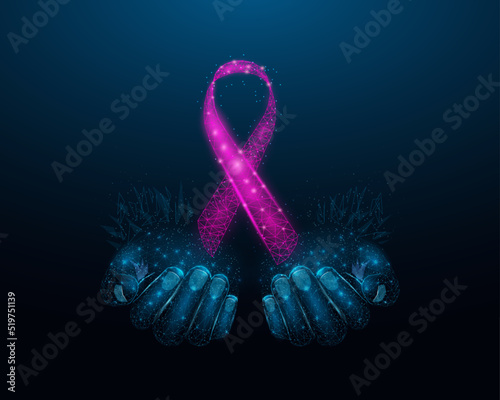 Two human hands are holds pink ribbon awareness. Breast Cancer awareness month concept. Abstract vector illustration on dark blue background.