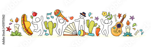 Banner with little people and spanish symbols. Doodle cute miniature of teamwork and lifestyle icons. Hand drawn cartoon vector illustration for national spain design.