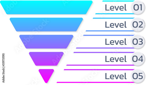 Funnel diagram design. Sale, marketing pyramid or cone chart template. Modern infographic with 5 steps or levels. Business process concept. Vector illustration.