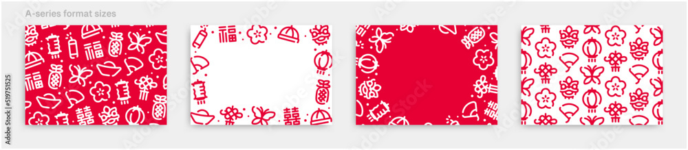 Chinese new year icon pattern background for graphic design.A-size horizontal vector template set.