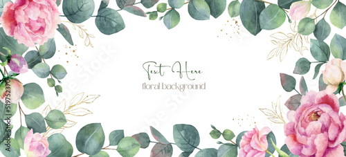 Watercolor vector background with peony flowers and eucalyptus leaves.