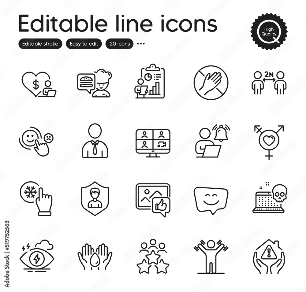 Set of People outline icons. Contains icons as Human, Dont touch and Genders elements. Video conference, Security agency, Volunteer web signs. Like photo, User notification. Outline human icon. Vector