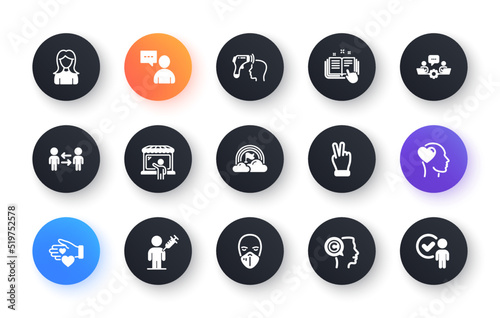 Minimal set of Volunteer, Users chat and Electronic thermometer flat icons for web development. Market seller, Friend, Victory hand icons. Teamwork business, Technical documentation. Vector