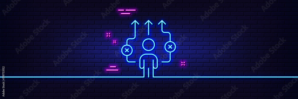 Neon light glow effect. Correct working process line icon. Business way sign. Choose path symbol. 3d line neon glow icon. Brick wall banner. Business way outline. Vector Neon light glow effect. Correct working process line icon. Business way sign. Choose path symbol. 3d line neon glow icon. Brick wall banner. Business way outline. Vector