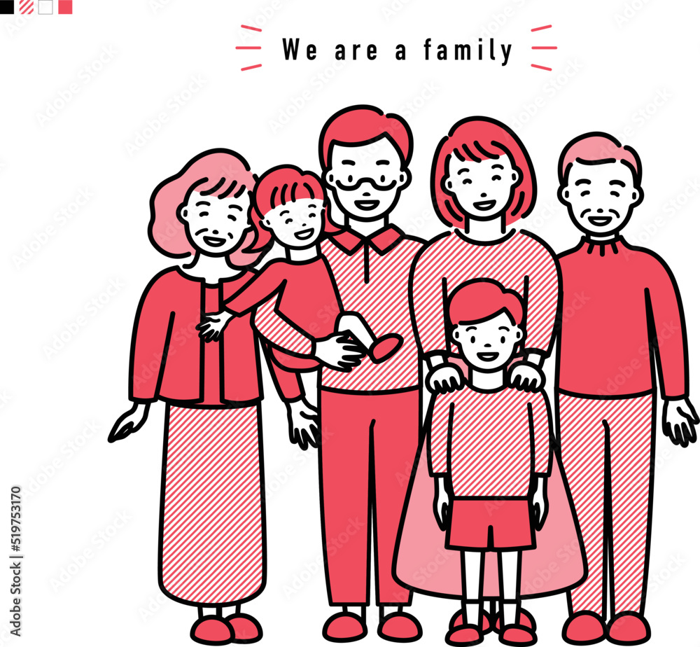 仲良しなファミリー 家族3世代イラスト_赤系ストライプ