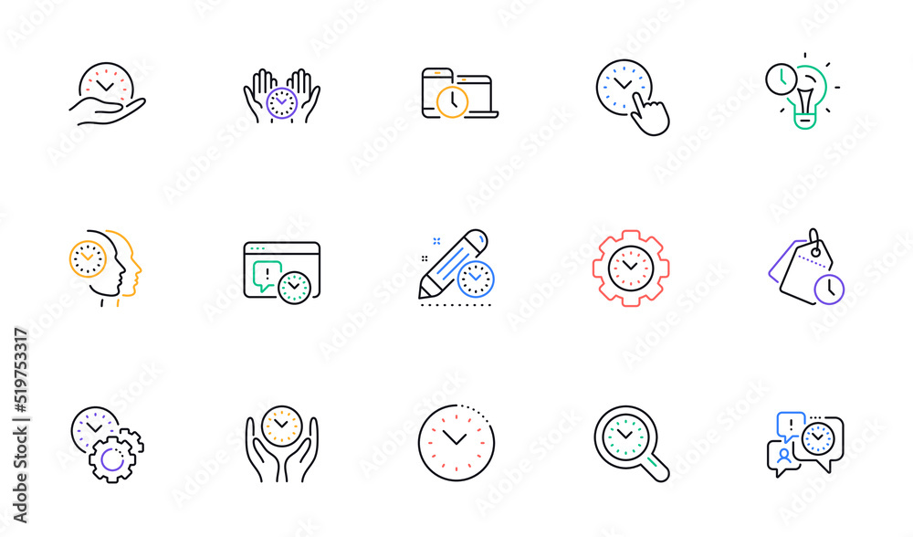 Time management line icons. Clock, timer plan and project deadline signs. Countdown clock and appointment reminder icons. Linear set. Bicolor outline web elements. Vector Time management line icons. Clock, timer plan and project deadline signs. Countdown clock and appointment reminder icons. Linear set. Bicolor outline web elements. Vector