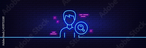 Neon light glow effect. Search User line icon. Profile Avatar with Magnifying glass sign. Male Person silhouette symbol. 3d line neon glow icon. Brick wall banner. Search people outline. Vector