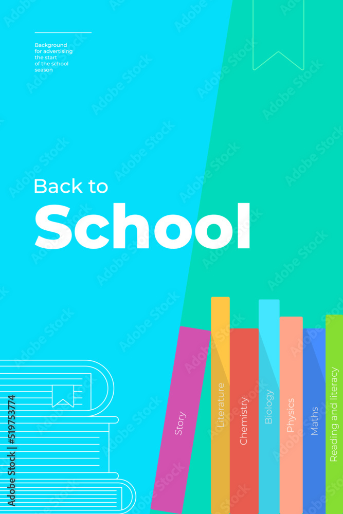 Back to school minimal trendy vertical poster with book and text. Season educational advertising background blue color creative flyer design. Flat simple minimalistic vector eps banner Back to school minimal trendy vertical poster with book and text. Season educational advertising background blue color creative flyer design. Flat simple minimalistic vector eps banner