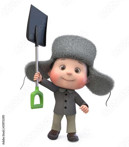 3d illustration of a little boy in winter clothes with a shovel for snow removal