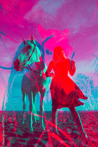 Colored Double exposure picture of a young woman and a white horse