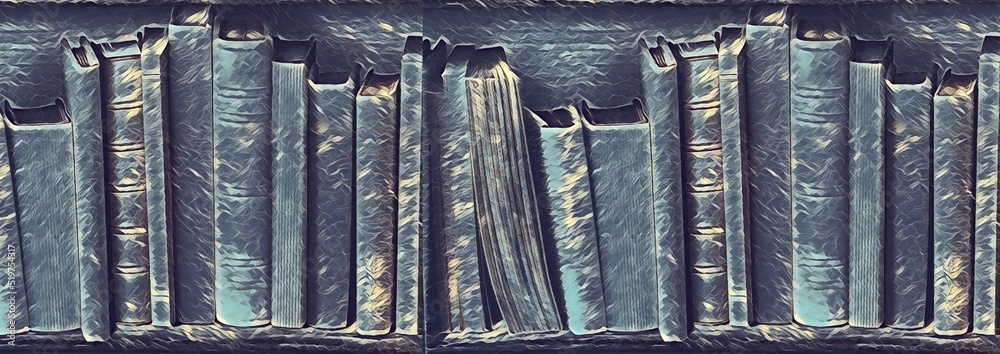 Obraz premium long abandoned and neglected library shelf in blue and grey colours