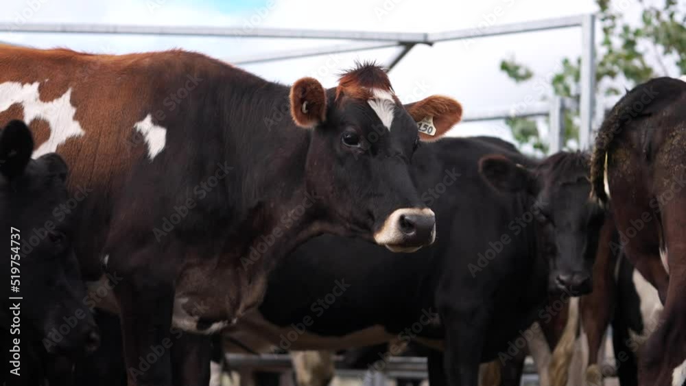 Calm cows standing in stockyard waiting to go outside into grass field Calm cows standing in stockyard waiting to go outside into grass field