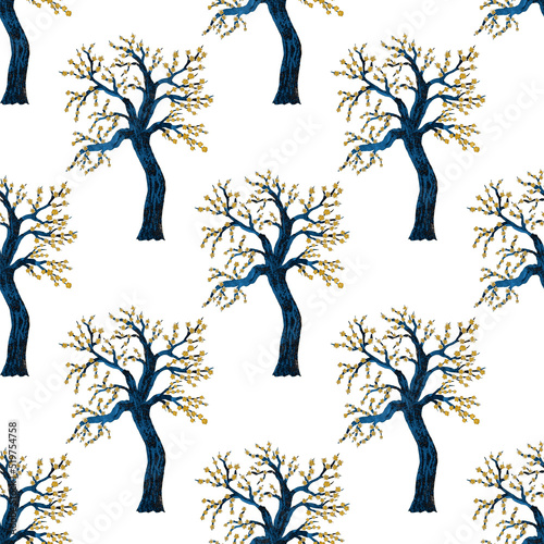 Watercolor seamless pattern with blooming spring trees. Hand drawn abstract l...