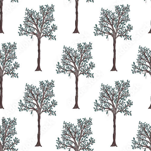 Watercolor seamless pattern with blooming spring trees. Hand drawn abstract l...