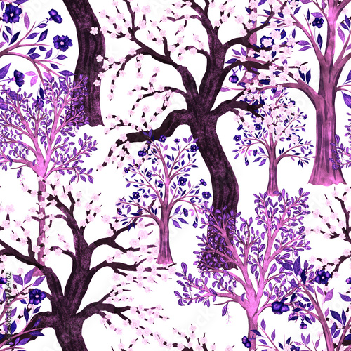 Watercolor seamless pattern with blooming spring trees. Hand drawn abstract l...
