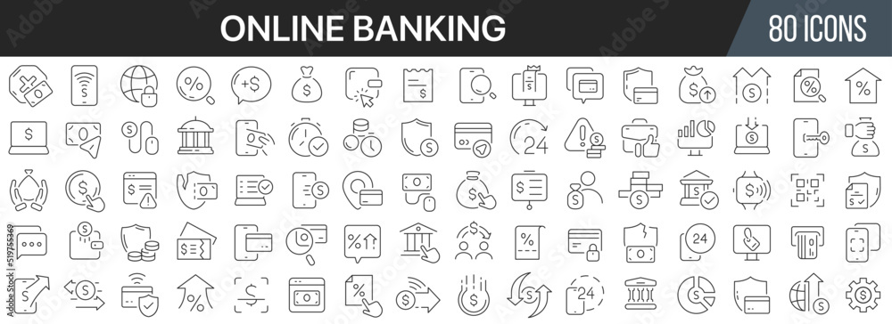 Online banking line icons collection. Big UI icon set in a flat design. Thin outline icons pack. Vector illustration EPS10 Online banking line icons collection. Big UI icon set in a flat design. Thin outline icons pack. Vector illustration EPS10