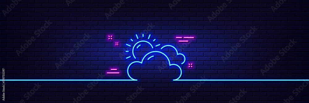 Neon light glow effect. Sunny weather forecast line icon. Clouds with sun sign. Cloudy sky symbol. 3d line neon glow icon. Brick wall banner. Sunny weather outline. Vector Neon light glow effect. Sunny weather forecast line icon. Clouds with sun sign. Cloudy sky symbol. 3d line neon glow icon. Brick wall banner. Sunny weather outline. Vector