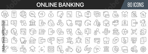 Online banking line icons collection. Big UI icon set in a flat design. Thin outline icons pack. Vector illustration EPS10