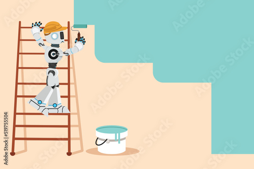 Business flat cartoon style drawing robot painter standing on ladder paints wall. Robotic repairman provide home construction work. Robotic artificial intelligence. Graphic design vector illustration
