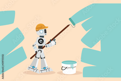 Business flat drawing robot painter holding paint brush roller, painting house apartment wall, home renovation. Humanoid robot cybernetic organism. Future robotic. Cartoon design vector illustration