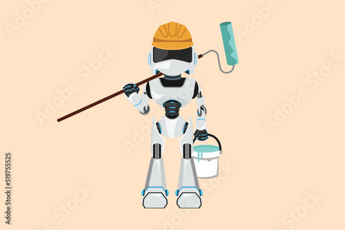 Business design drawing robot painter standing with bucket and paint roller. Robot worker working on apartment or home renovation. Future technology development. Flat cartoon style vector illustration
