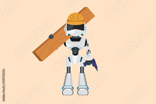 Business design drawing robot timber frame house construction worker. Repairman standing with board, tool box, and drill. Future technology. Artificial intelligence. Flat cartoon vector illustration