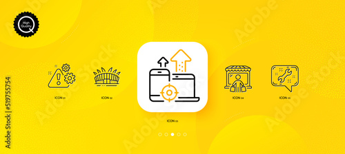 Arena stadium, Warning and Seo devices minimal line icons. Yellow abstract background. Market buyer, Spanner icons. For web, application, printing. Vector