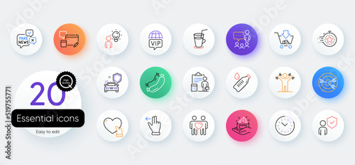 Simple set of Fake news, Targeting and Skin care line icons. Include Timer, Touchscreen gesture, Water bottle icons. Account, Dumbbells workout, Volunteer web elements. Friends couple. Vector
