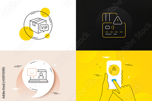 Minimal set of Card, Inclusion and Smile line icons. Phone screen, Quote banners. Vip parcel icons. For web development. Bank payment, Equity justice, Laptop feedback. Exclusive delivery. Vector