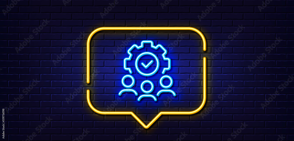 Neon light speech bubble. Teamwork line icon. Business workflow sign. Job meeting symbol. Neon light background. Teamwork glow line. Brick wall banner. Vector Neon light speech bubble. Teamwork line icon. Business workflow sign. Job meeting symbol. Neon light background. Teamwork glow line. Brick wall banner. Vector