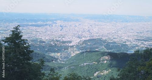 Top view of the summer city. Copy space. Panorama of the city of Tirana from the observation deck. Mount Dayti Albania. View of the summer city from above