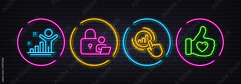 Graph chart, Winner and Lock minimal line icons. Neon laser 3d lights. Like hand icons. For web, application, printing. Get report, Best result, Online security. Thumbs up. Neon lights buttons. Vector