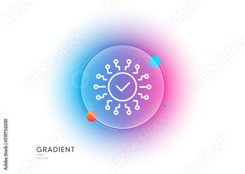 Security network line icon. Gradient blur button with glassmorphism. Cyber defence sign. Artificial intelligence symbol. Transparent glass design. Security network line icon. Vector