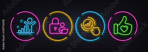 Graph chart, Winner and Lock minimal line icons. Neon laser 3d lights. Like hand icons. For web, application, printing. Get report, Best result, Online security. Thumbs up. Neon lights buttons. Vector