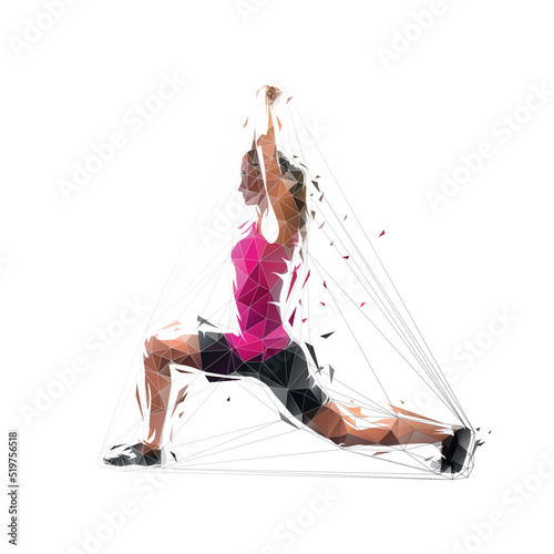 Woman exercises and stretches, abstract low polygonal isolated vector illustration. Active woman, geometric drawing from triangles
