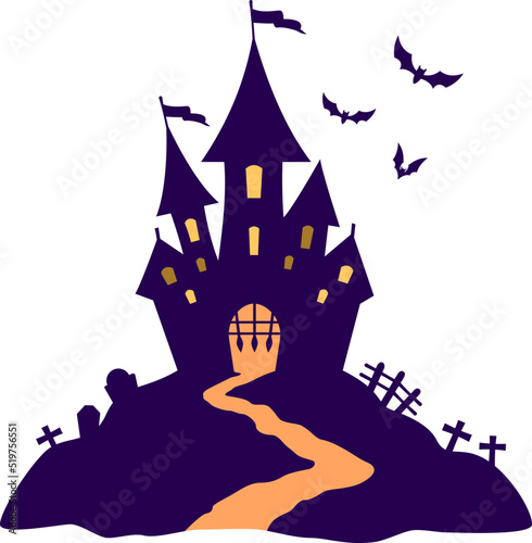 Vector illustration of bats flying over spooky Halloween haunted house with windows near cemetery against white background