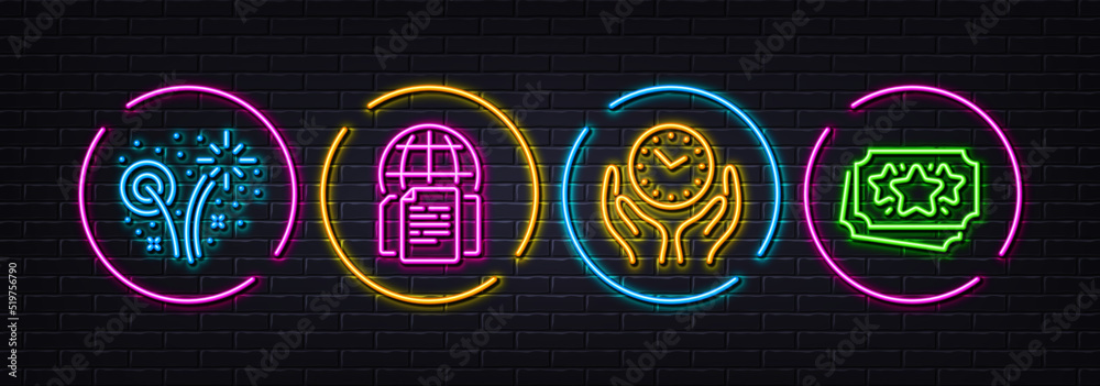 Safe time, Internet documents and Fireworks minimal line icons. Neon ...