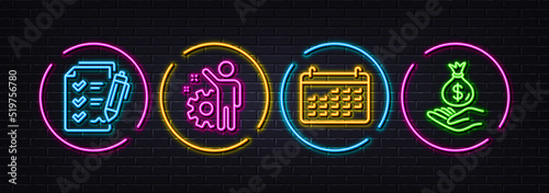 Calendar, Employee and Survey checklist minimal line icons. Neon laser 3d lights. Income money icons. For web, application, printing. Business audit, Cogwheel, Report. Savings. Vector