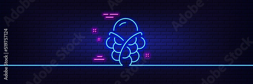 Neon light glow effect. Ice cream bubble waffle line icon. Vanilla sundae cone sign. Frozen summer dessert symbol. 3d line neon glow icon. Brick wall banner. Ice cream outline. Vector