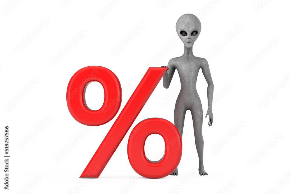 Scary Gray Humanoid Alien Cartoon Character Person Mascot with Red Retail Percent Sale or Discount Sign. 3d Rendering Scary Gray Humanoid Alien Cartoon Character Person Mascot with Red Retail Percent Sale or Discount Sign. 3d Rendering
