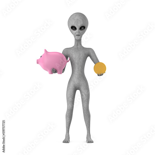 Scary Gray Humanoid Alien Cartoon Character Person Mascot with Piggy Bank and Golden Dollar Coin. 3d Rendering