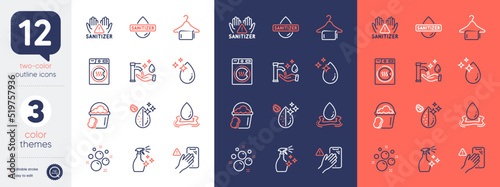 Set of Water drop, Clean bubbles and Water splash line icons. Include Hand sanitizer, Clean towel, Dont touch icons. Washing cleanser, Sponge, Washing hands web elements. Dryer machine. Vector