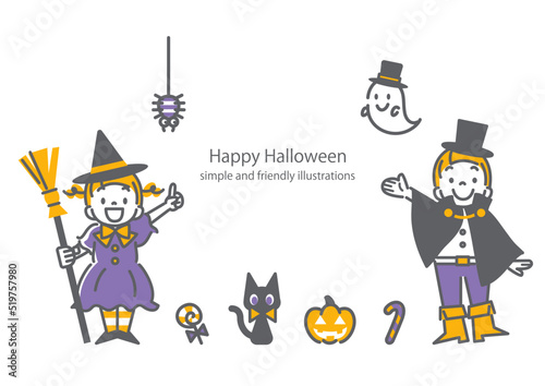 お洒落でかわいい線画のハロウィンイラストセット