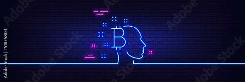 Neon light glow effect. Bitcoin think line icon. Cryptocurrency head sign. Crypto money symbol. 3d line neon glow icon. Brick wall banner. Bitcoin think outline. Vector