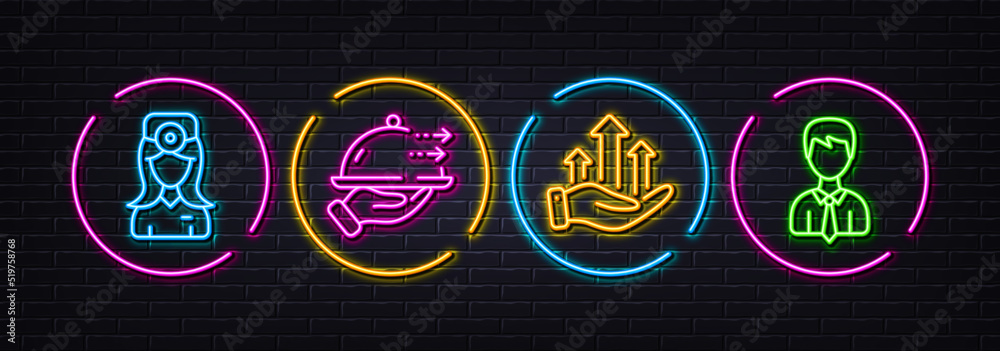 Food delivery, Oculist doctor and Growth chart minimal line icons. Neon laser 3d lights. Businessman icons. For web, application, printing. Restaurant plate, Optometrist, Money gain. User data. Vector