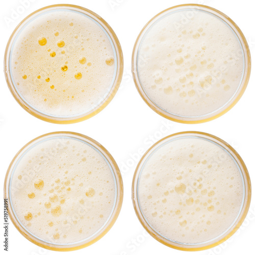 beer bubbles in Glass of light beer top view collection isolated on white, macro