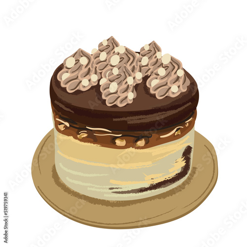 Illustration of a cake with different toppings and cream.