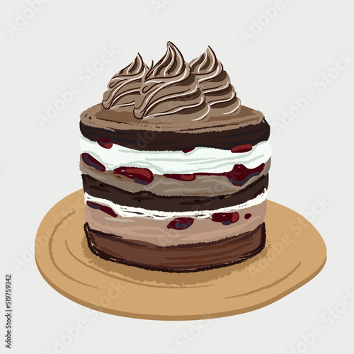 Illustration of a cake with different toppings and cream.