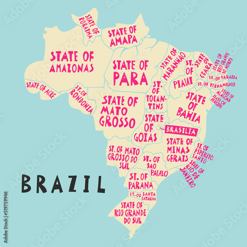 Vector hand drawn stylized map of Brazil States. South America map element. Federative Republic of Brazil Travel illustration photo
