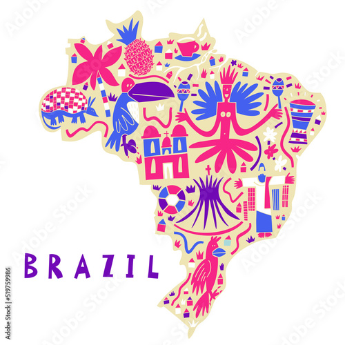 Vector hand drawn stylized map of Brazil Landmarks. South America map element. Federative Republic of Brazil Travel illustration